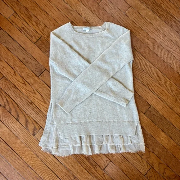 SOLD 100% Cashmere Oatmeal Sweater Top with Lace Bottom Trim - Picture 2 of 8